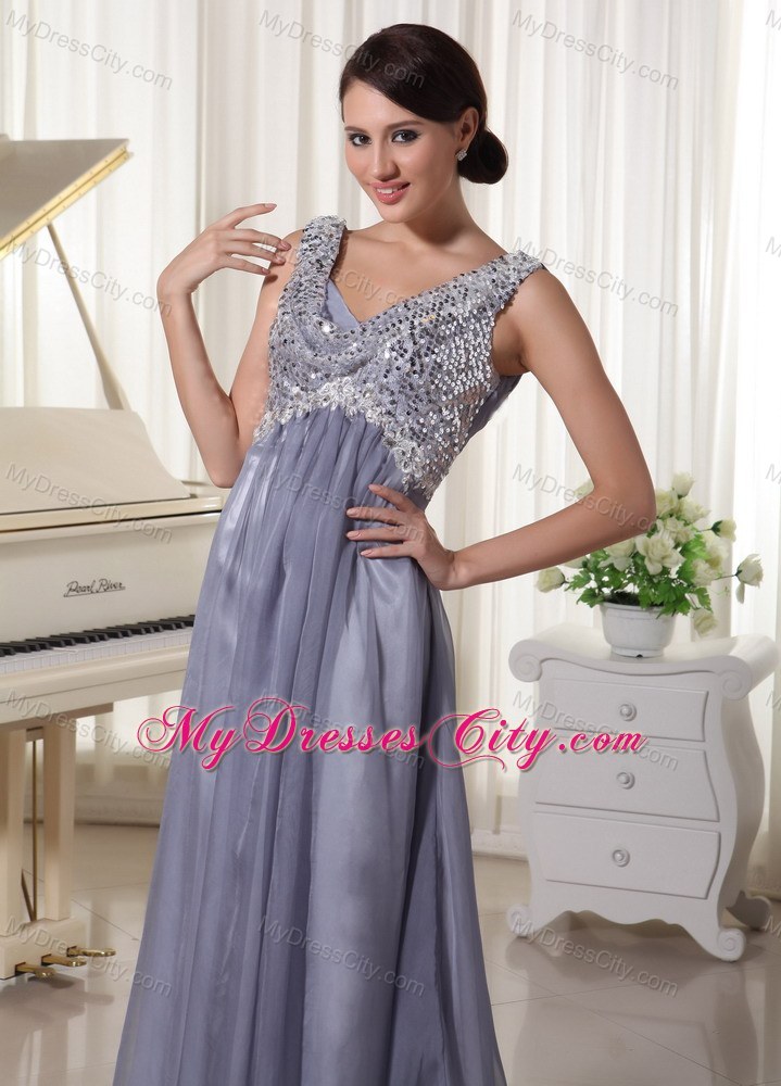 Grey Sequins V-neck Brush Train Dress For Prom