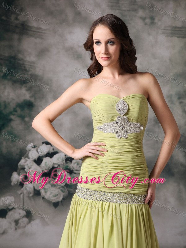 Yellow Green Mermaid Chiffon Beaded Prom Dress with Court Train