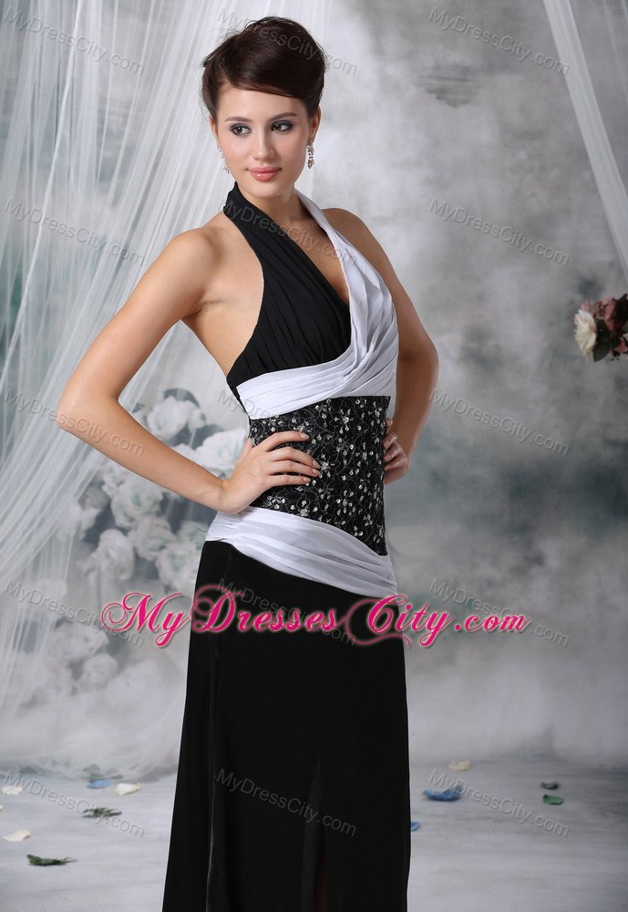 Halter Beaded Waist White and Black Floor-length Prom Dress