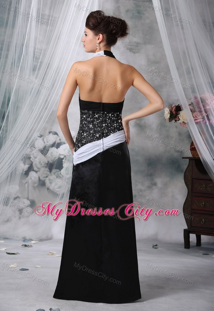 Halter Beaded Waist White and Black Floor-length Prom Dress