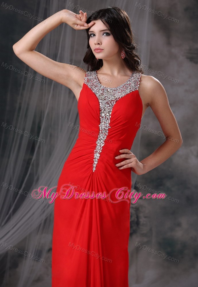Beaded Scoop Neckline Brush Train Red Chiffon Dress for Prom