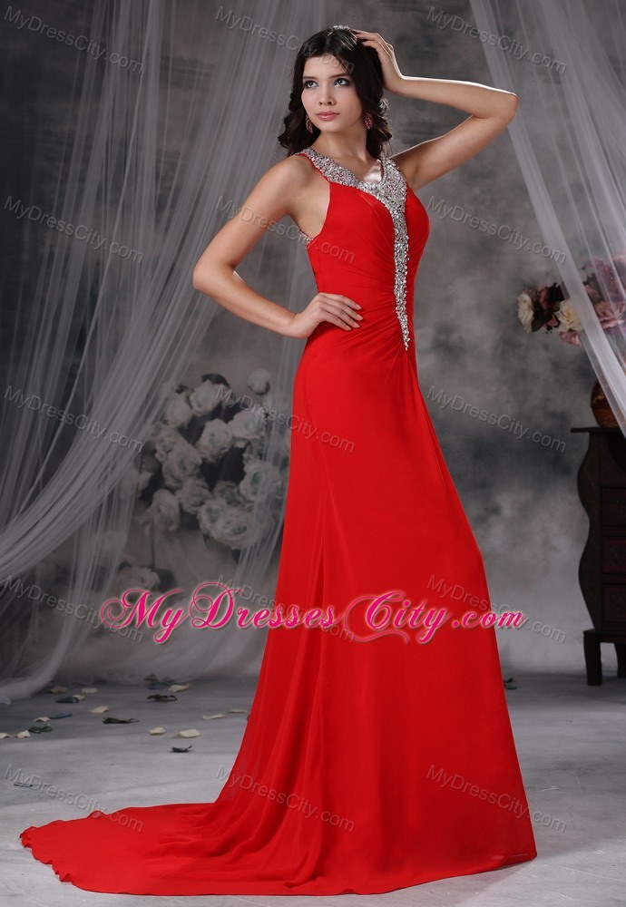 Beaded Scoop Neckline Brush Train Red Chiffon Dress for Prom