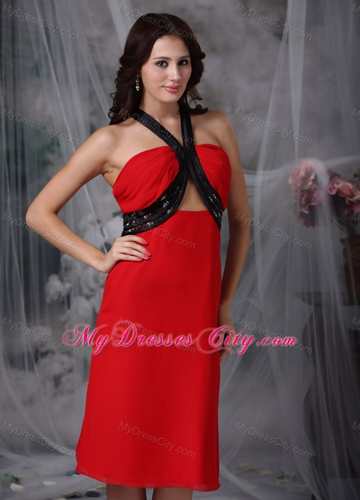 Red Column V-neck Tea-length Prom Dress with Stomach Cutout ...
