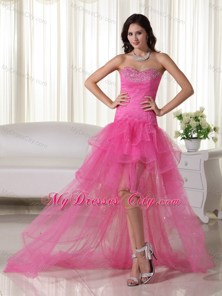 Pink A-Line Sweetheart High-low Organza Beaded Prom Dress
