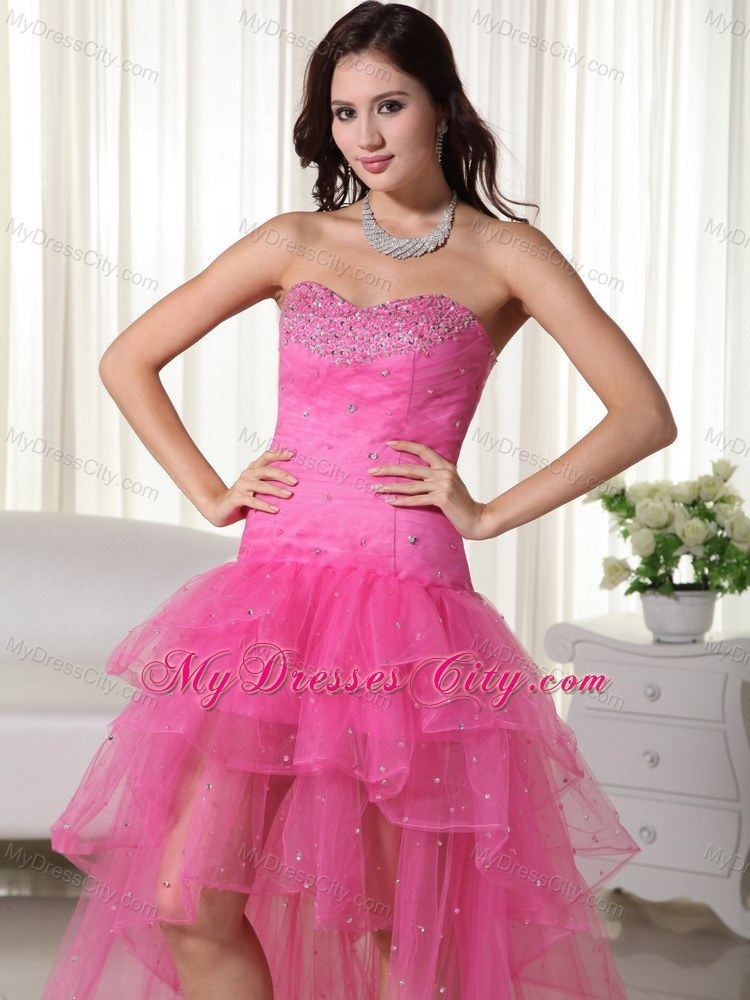 Pink A-Line Sweetheart High-low Organza Beaded Prom Dress