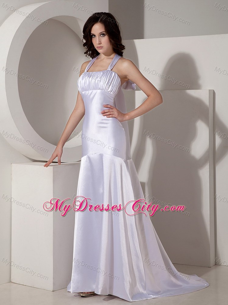 White Halter Top Watteau Train Ryching Prom Dress for Ladies