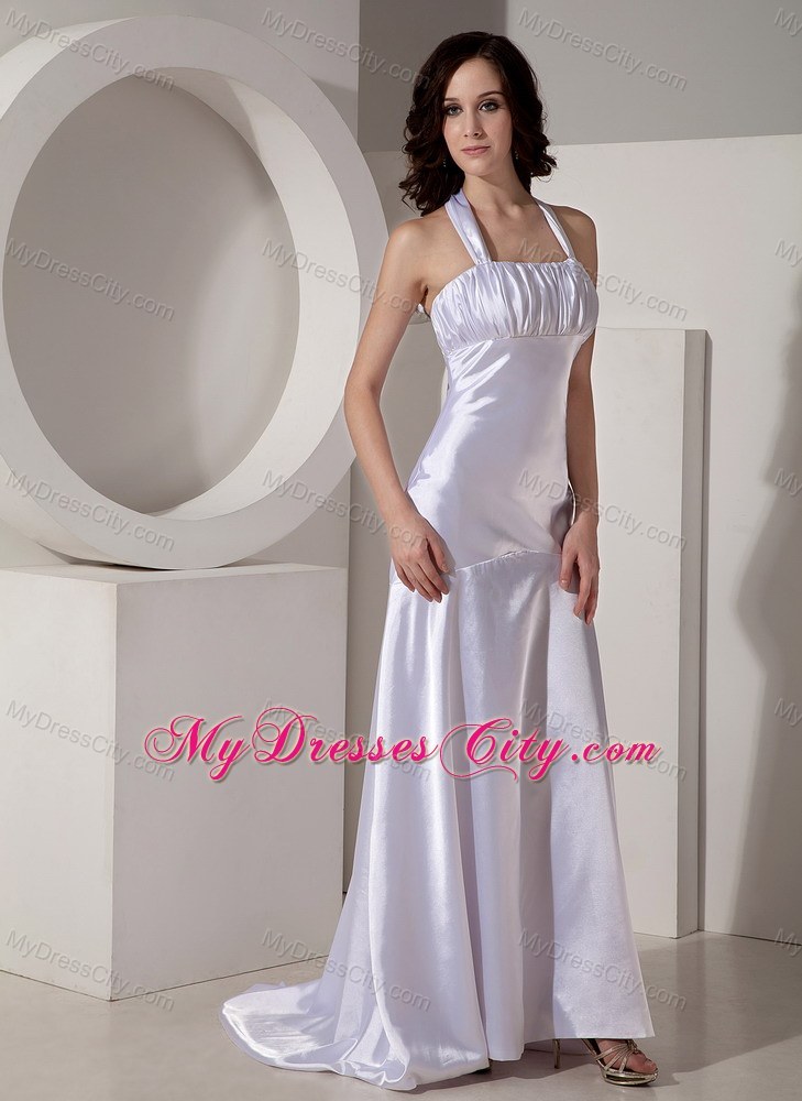 White Halter Top Watteau Train Ryching Prom Dress for Ladies