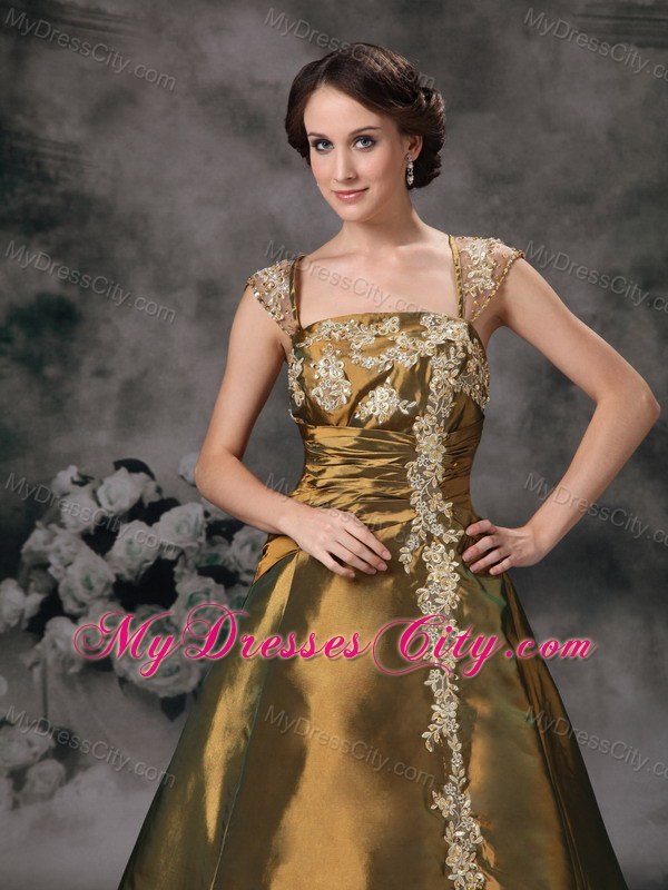 Square Neck Cap Sleeves Taffeta Prom Dress with Appliques