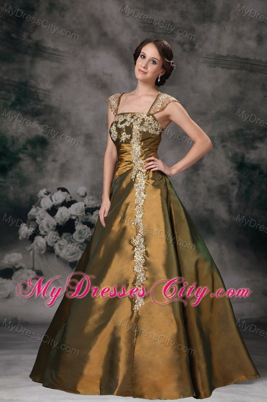 Square Neck Cap Sleeves Taffeta Prom Dress with Appliques