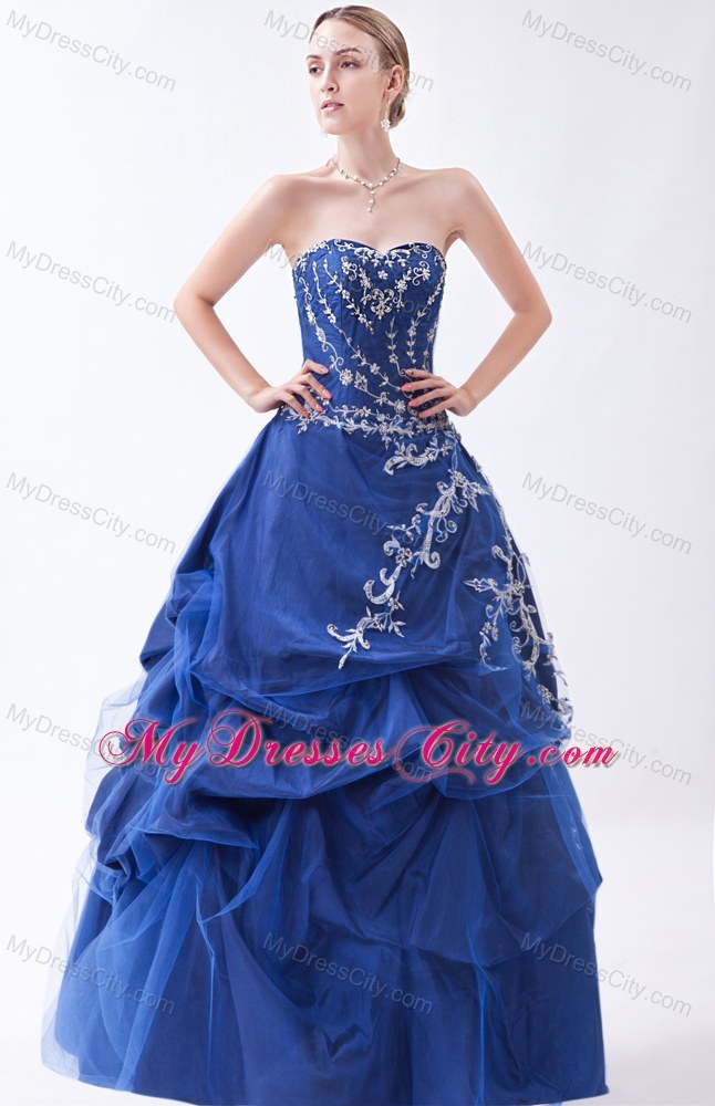 Sweetheart Blue Prom Gowns with Appliques and Pick-ups