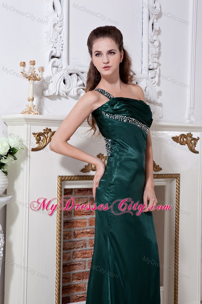 One Shoulder Ruch and Beading Back Out Satin Green Prom Dress