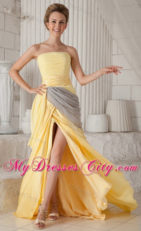 Yellow Strapless Ruching High Slit Brush Train Chiffon Prom Dress