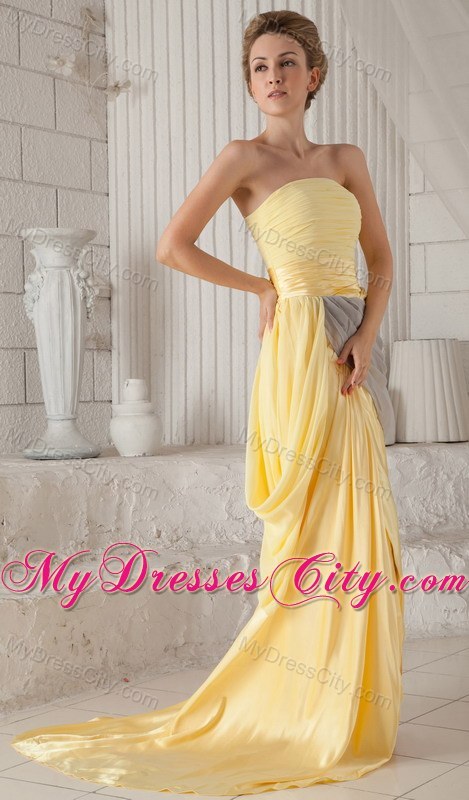 Yellow Strapless Ruching High Slit Brush Train Chiffon Prom Dress