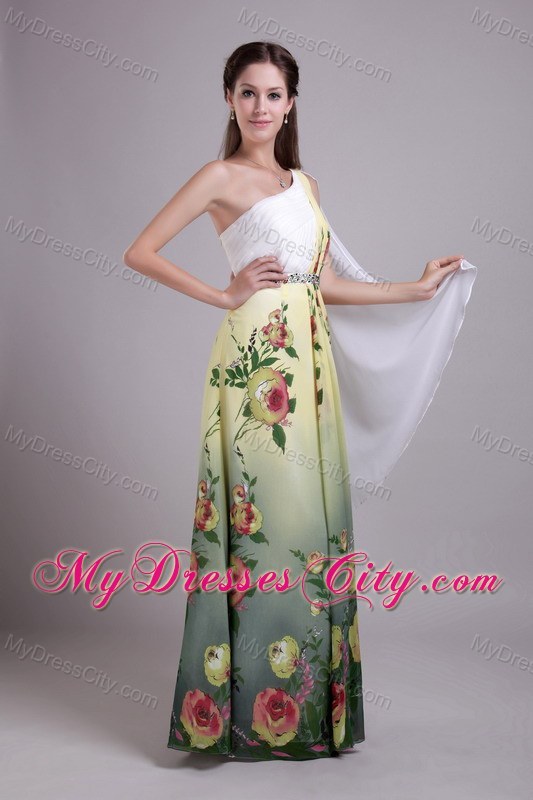 Print Fabric Beading One Shoulder Watteau Train Prom Dress