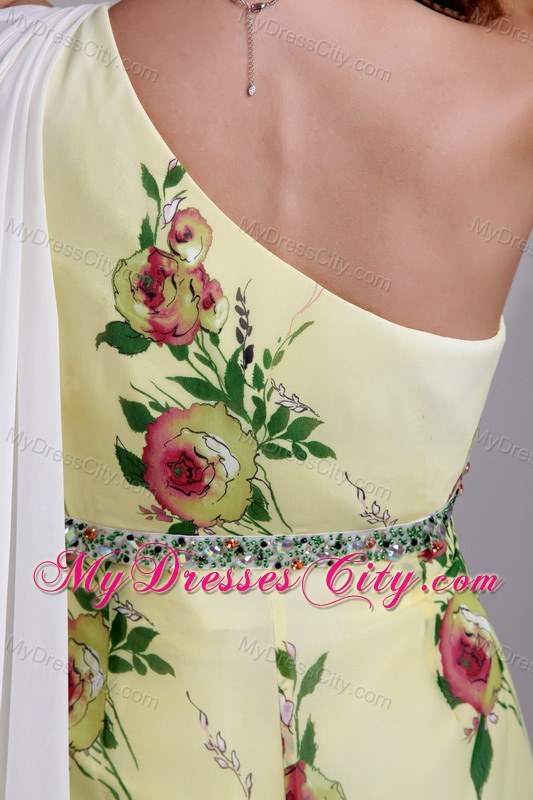 Print Fabric Beading One Shoulder Watteau Train Prom Dress