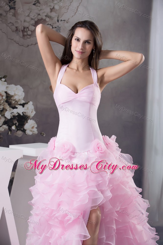 Halter High-low Prom Dress with Ruffles and Handmade Flowers