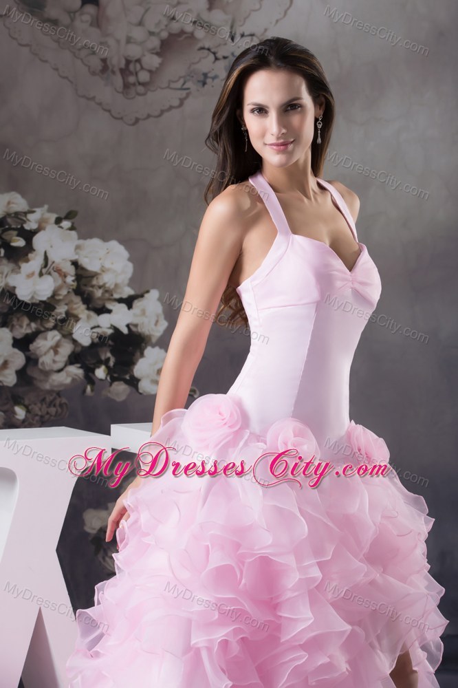 Halter High-low Prom Dress with Ruffles and Handmade Flowers