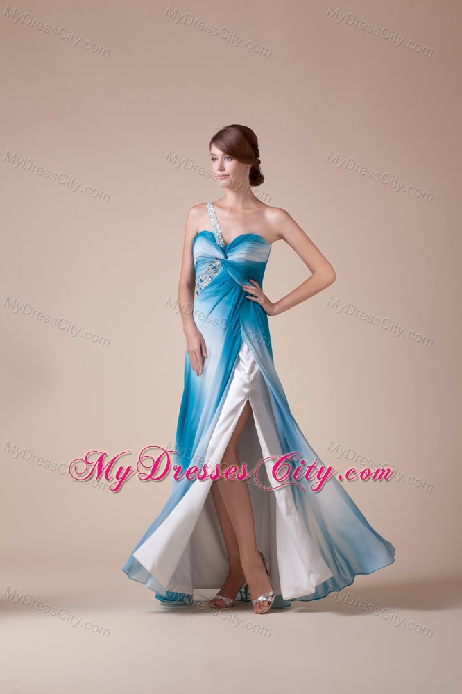 Gradually Changing Color One Shoulder Beaded Slit Dress for Prom