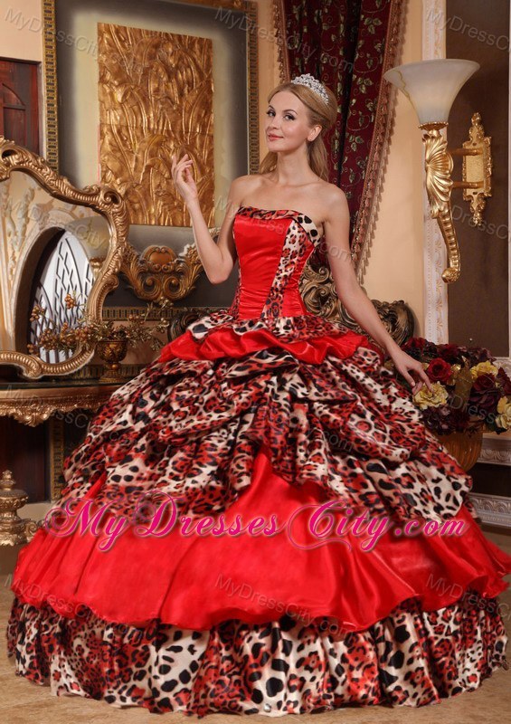 Red Organza Leopard 2013 Quinceanera Dress with Pick-ups Puffy