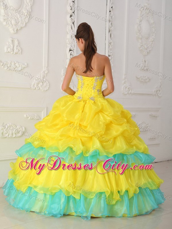 Yellow and Blue Sweet 15 Dress with Pick-ups and Appliques