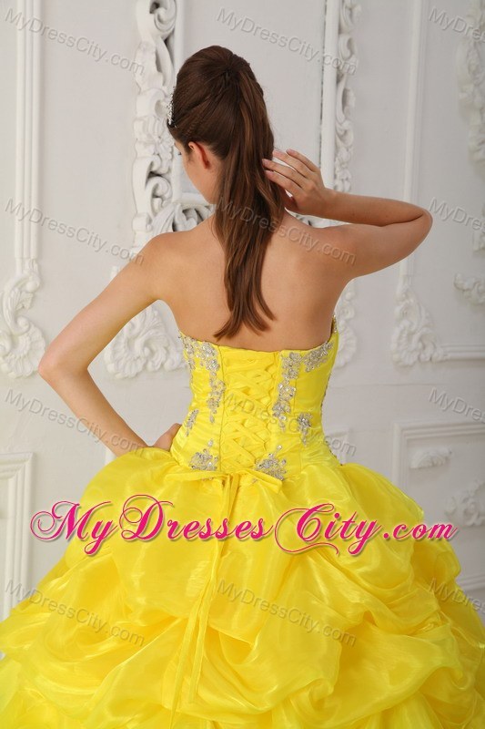Yellow and Blue Sweet 15 Dress with Pick-ups and Appliques