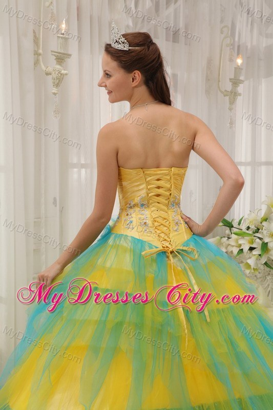 Yellow and Blue Tulle Quinceanera Dress with Appliques and Flowers