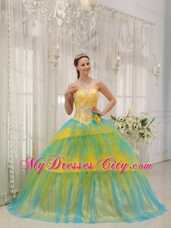 Yellow and Blue Tulle Quinceanera Dress with Appliques and Flowers