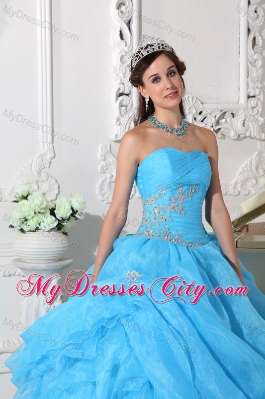 Teal Organza Pick-ups Quinceanera Dress with Ruches and Appliques