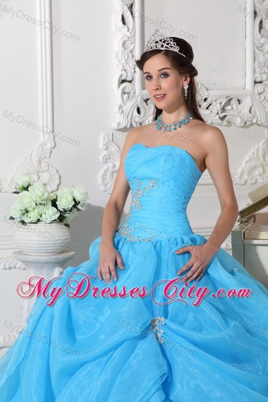 Teal Organza Pick-ups Quinceanera Dress with Ruches and Appliques