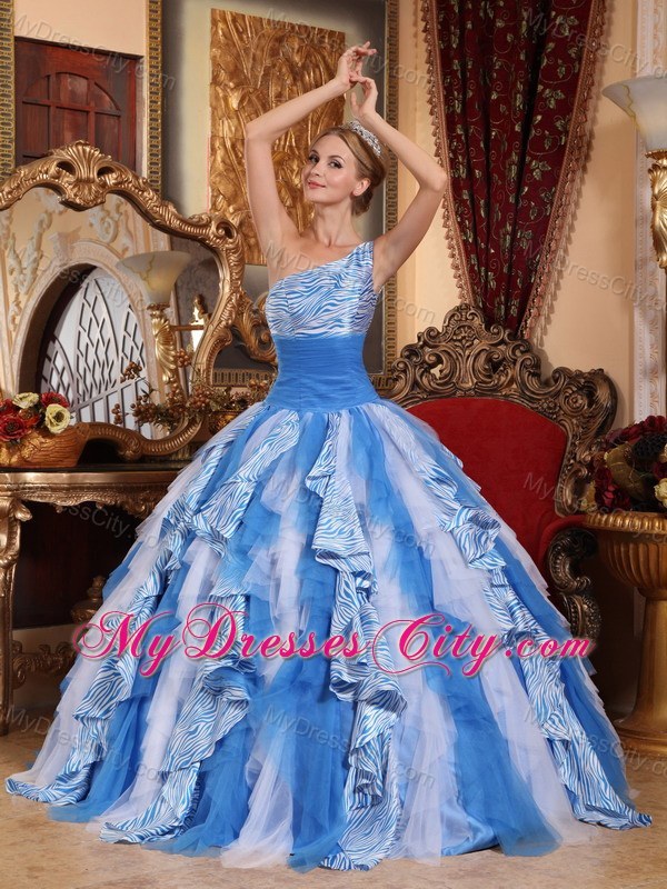 Ruffles One Shoulder Blue and White Quinceanera Dress with Zebro