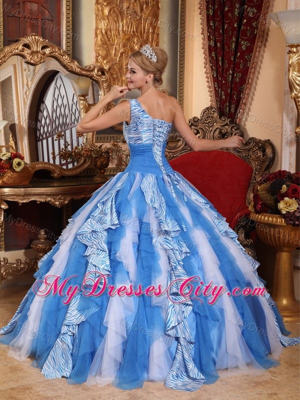 Ruffles One Shoulder Blue and White Quinceanera Dress with Zebro