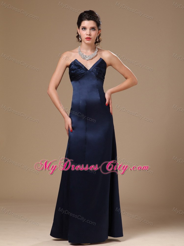 Navy Blue Satin Column V-neck Formal Evening Prom Gowns