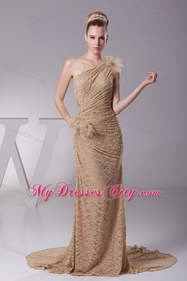 Lace Single Shoulder Brush Train Formal Evening Dress with Flowers