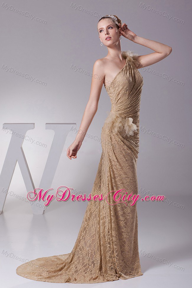 Lace Single Shoulder Brush Train Formal Evening Dress with Flowers