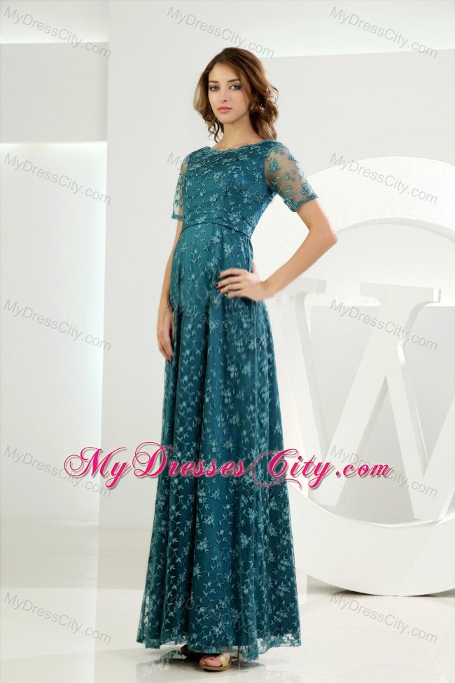 Short Sleeves Scoop Empire Formal Teal Lace Evening Dress 2013