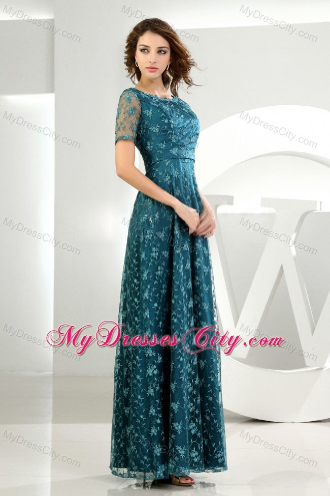 Short Sleeves Scoop Empire Formal Teal Lace Evening Dress 2013