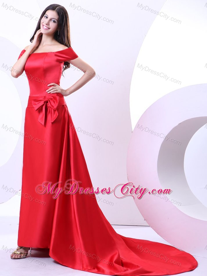 Court Train Off Shoulder 2013 Red Prom Evening Dress With Bowknot