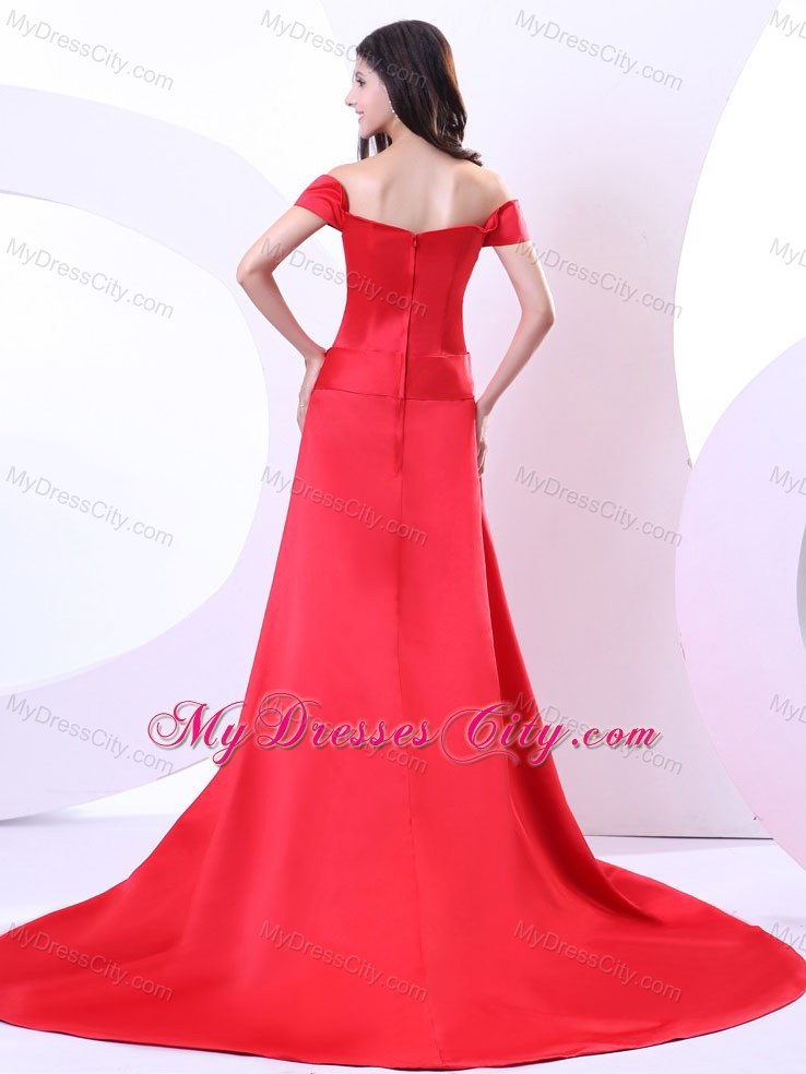 Court Train Off Shoulder 2013 Red Prom Evening Dress With Bowknot