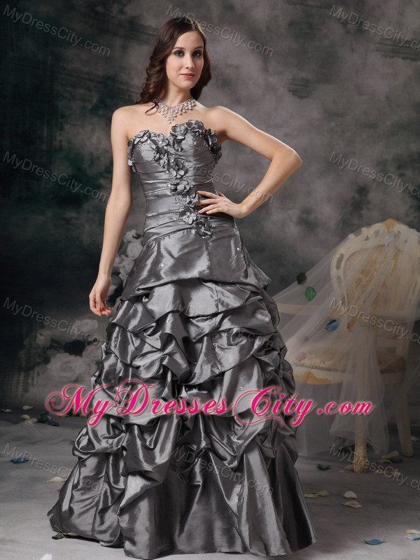 Sweetheart Floral Embellishment Grey Evening Dress with Pick Ups