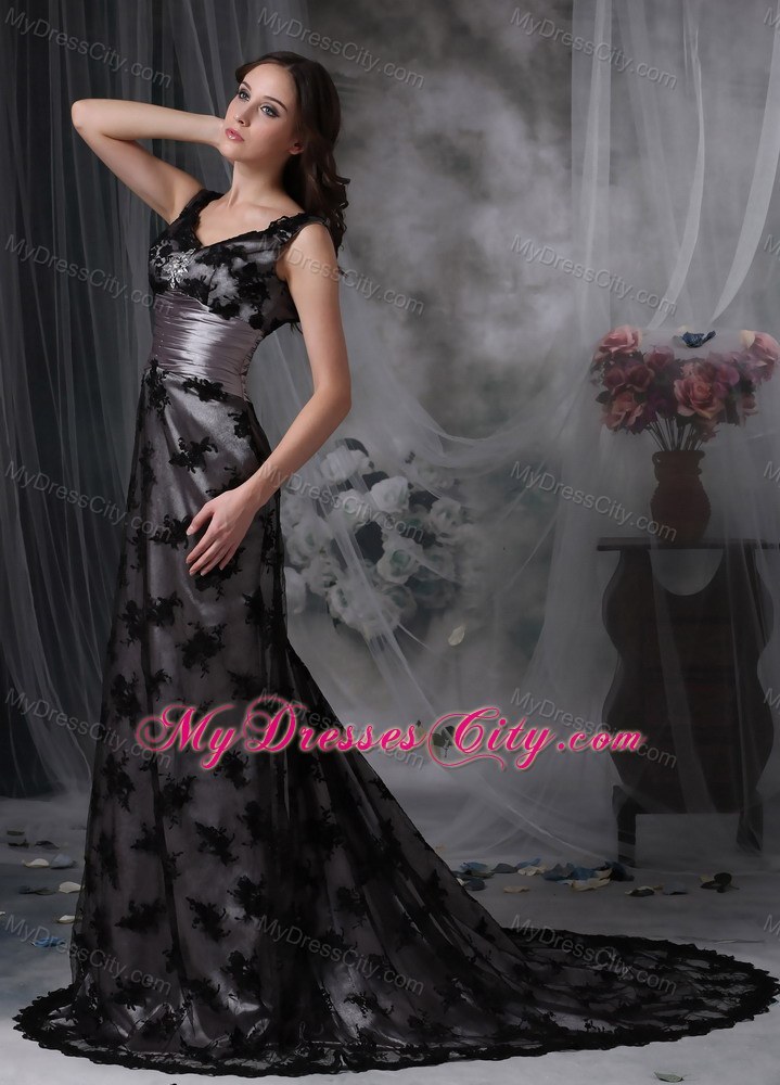 Lace Column V-neck Court Train Black Evening Dress with Beading