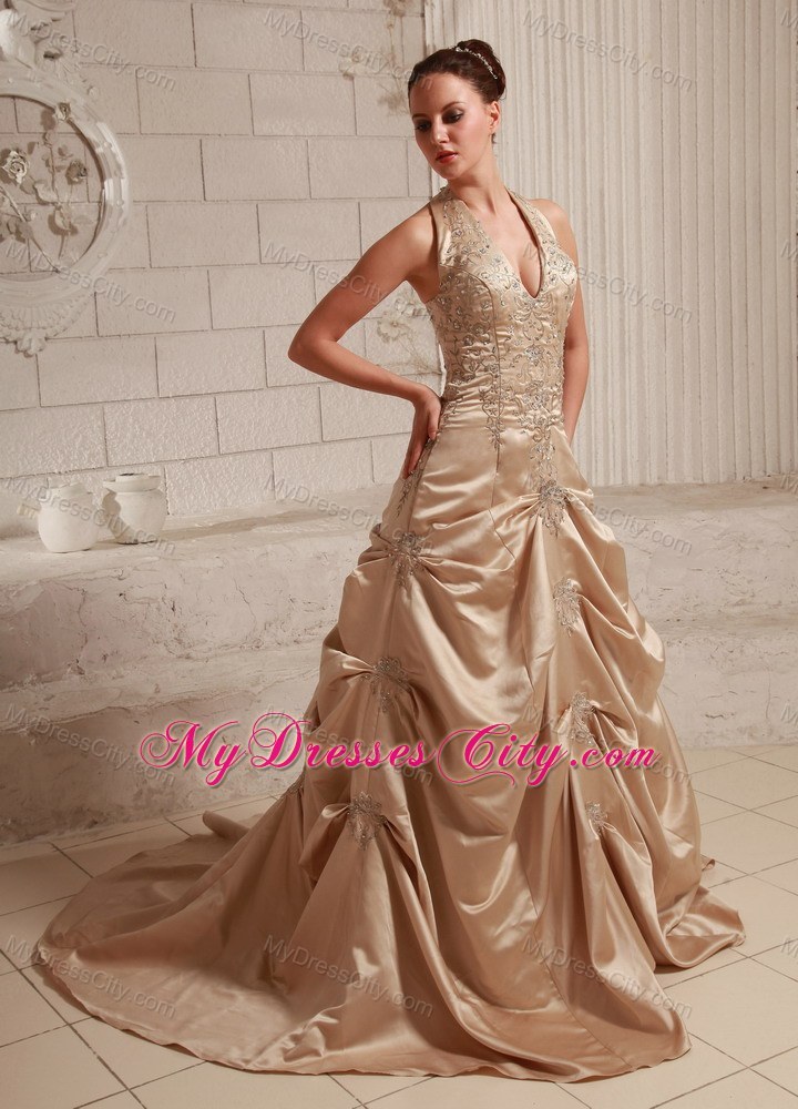 Special Appliques with Beading Halter Champagne Bridal Dress