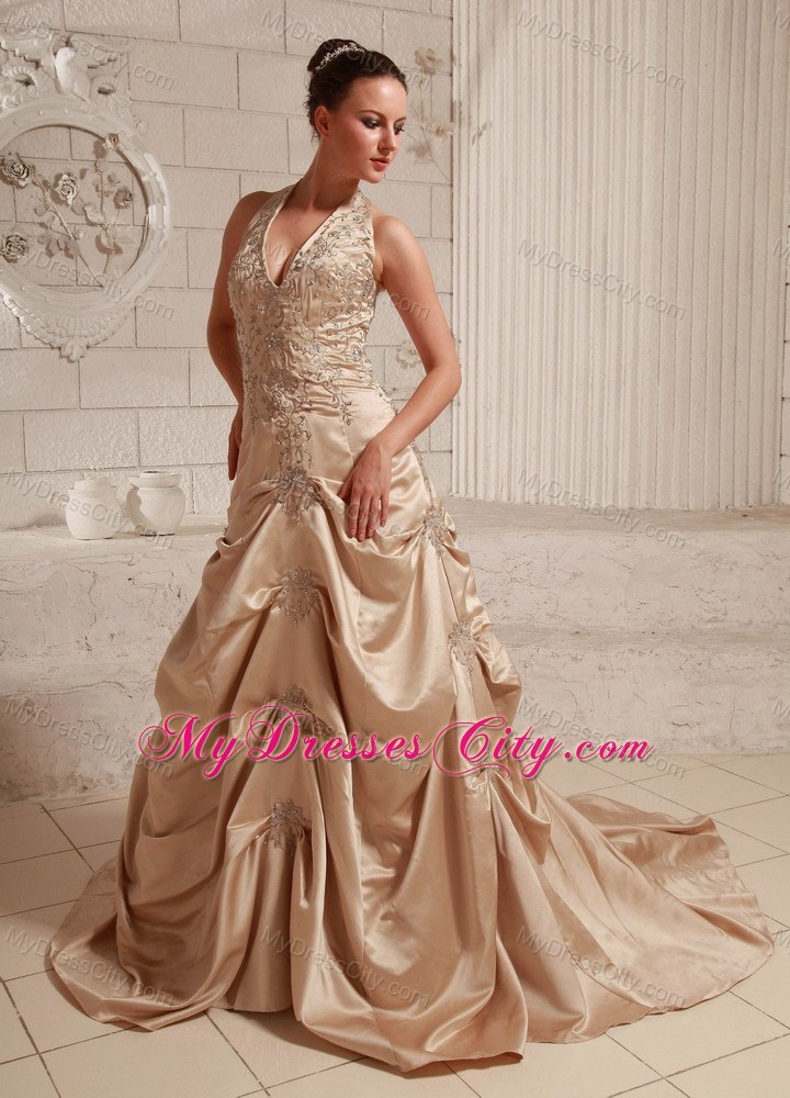 Special Appliques with Beading Halter Champagne Bridal Dress