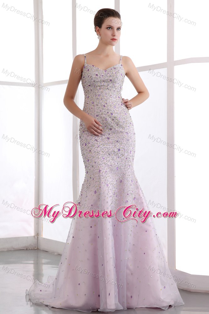 Vintage Mermaid Straps Brush Train Evening Dress with Colorful Beading