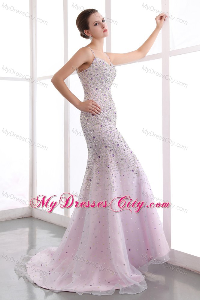 Vintage Mermaid Straps Brush Train Evening Dress with Colorful Beading