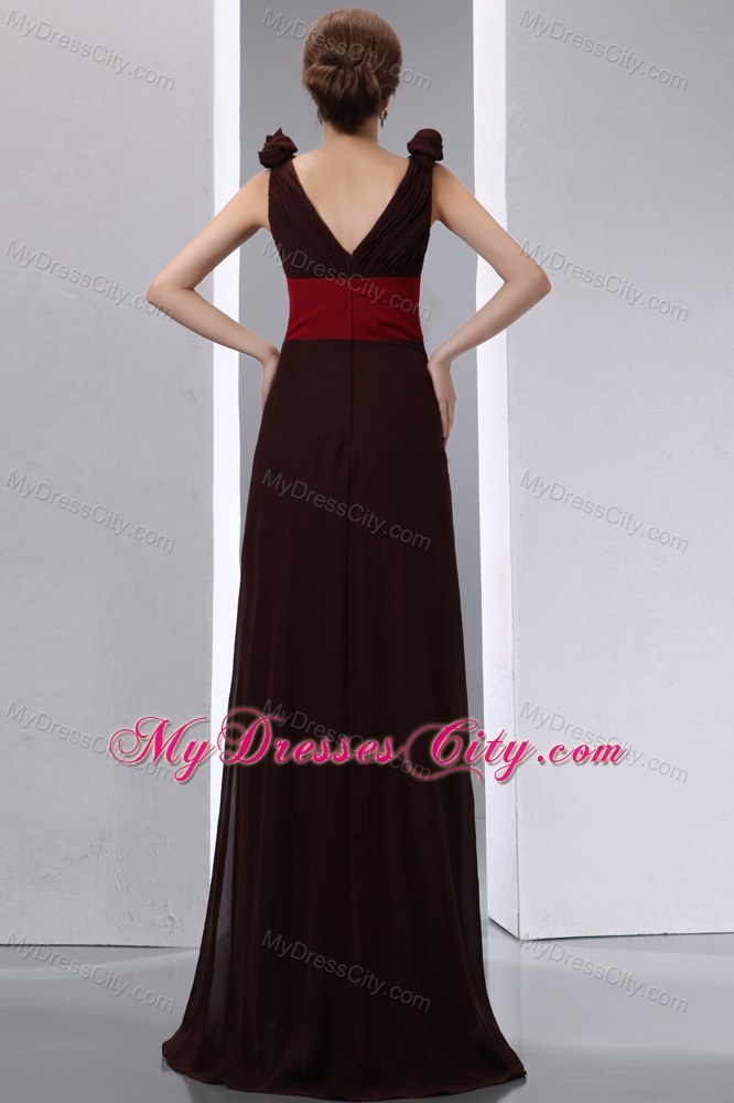 Brown Column V-neck Ruches Chiffon Evening Dress with V-Back
