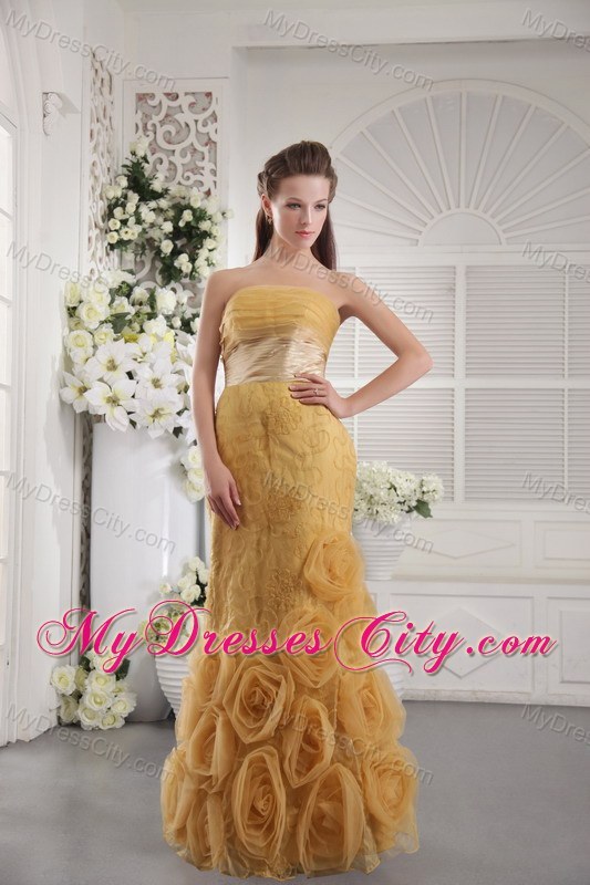 Gold Organza Flowers Lace Strapless 2013 Evening Formal Gowns