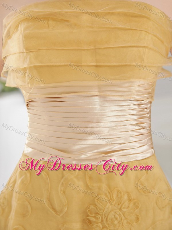 Gold Organza Flowers Lace Strapless 2013 Evening Formal Gowns