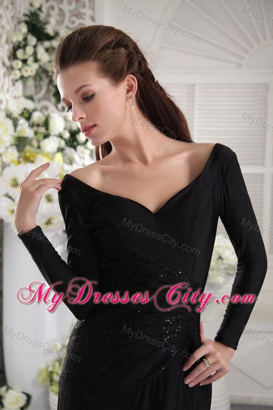 Black Ruching Sequins V-neck Long Sleeves Evening Dresses