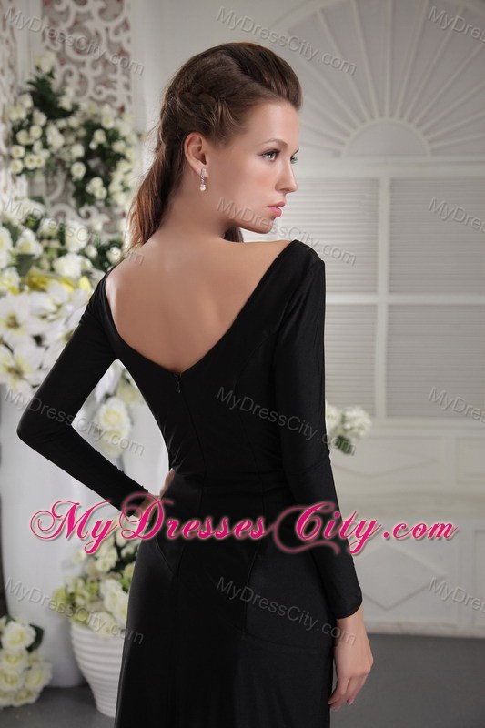Black Ruching Sequins V-neck Long Sleeves Evening Dresses