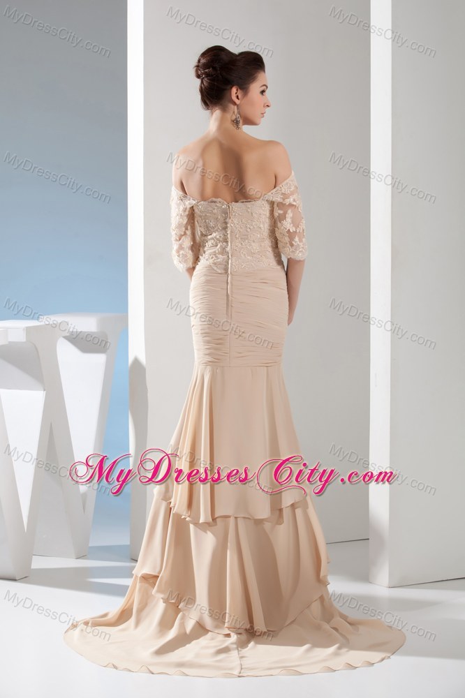 Champagne Lace Mermaid Off The Shoulder Evening Gowns